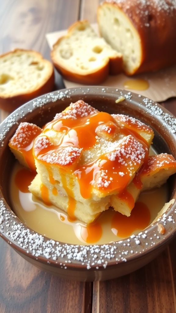 Homemade Bread Pudding Recipe A delicious bowl of homemade bread pudding topped with powdered sugar and caramel sauce.
